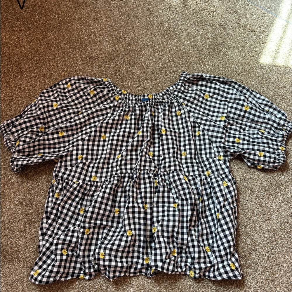 Old Navy Black & White Gingham Off-Shoulder Top with Yellow Floral Accents